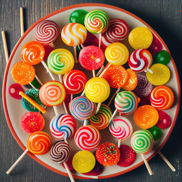 Piruletas de colores y dulces Un surtido de deliciosos dulces