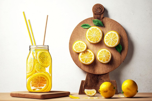 Piruletas en tablero de madera y tarro de jugo de limón aislado sobre fondo blanco.