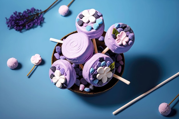 Pirulitos artesanais de marshmallow roxo com bagas em fundo azul