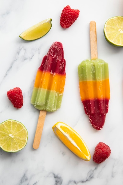 Foto pirulitos de frutas de verão feitos com limão laranja e framboesas