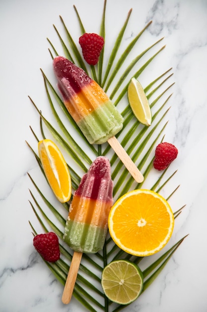 Pirulitos de verão com frutas e uma folha de palmeira tropical