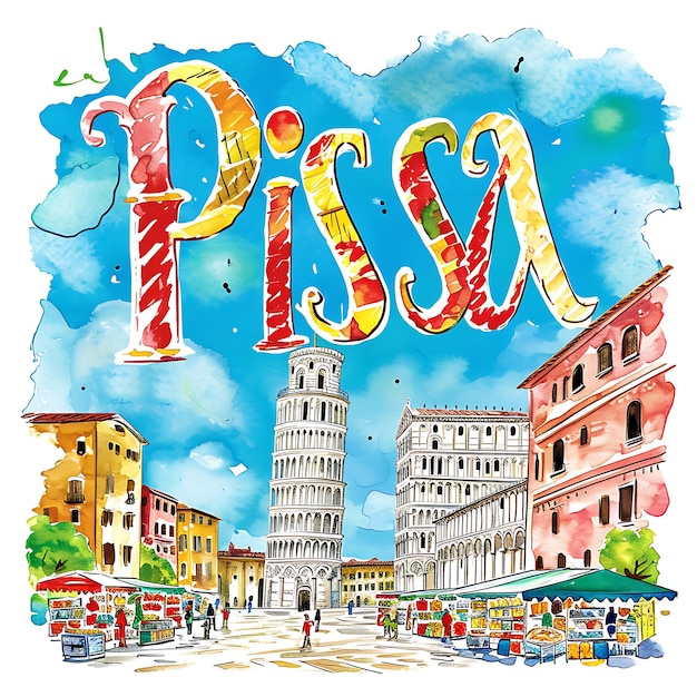 Foto pisa-text mit verspieltem und schrulligem typografie-design in der c watercolour lanscape arts collection