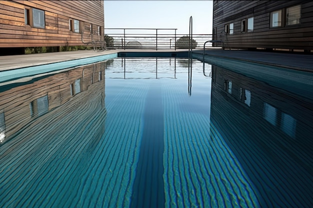 Una piscina con agua azul que tiene la palabra hotel en ella.