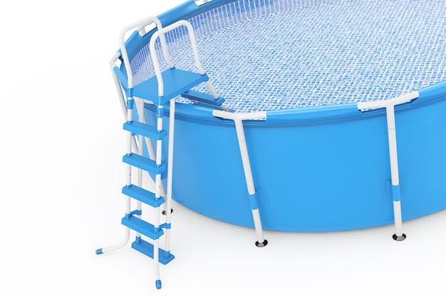 Foto piscina de agua de natación redonda al aire libre portátil azul con escalera sobre un fondo blanco. representación 3d.