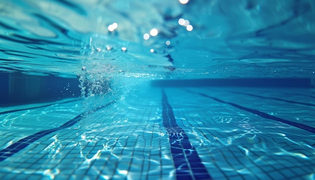 Bajo la piscina el agua con ondas superficie lisa y luminosa luz solar