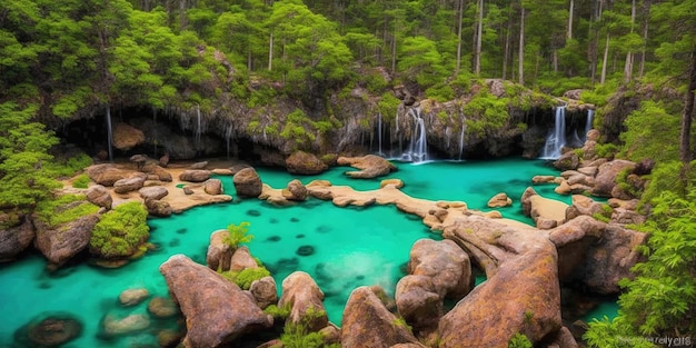 Una piscina de agua verde en un bosque con árboles en el fondo.