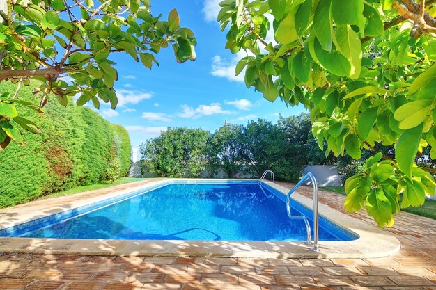 Foto piscina al aire libre con agua azul cerca del jardín.