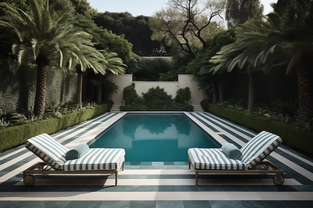 Una piscina con asientos a rayas y una piscina al fondo.