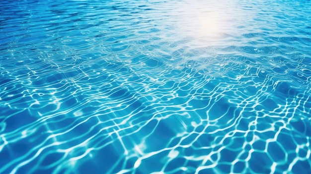Una piscina azul con agua y sol brillando sobre el agua.