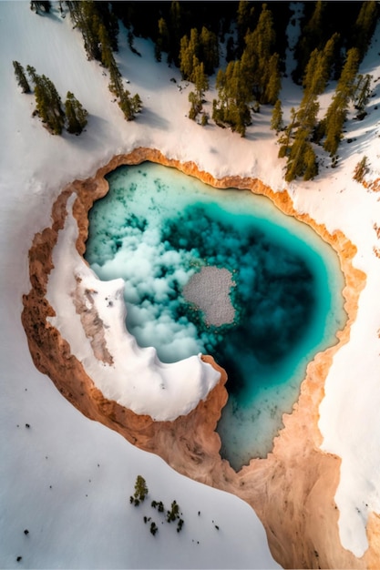 Piscina azul de água cercada por neve generativa ai