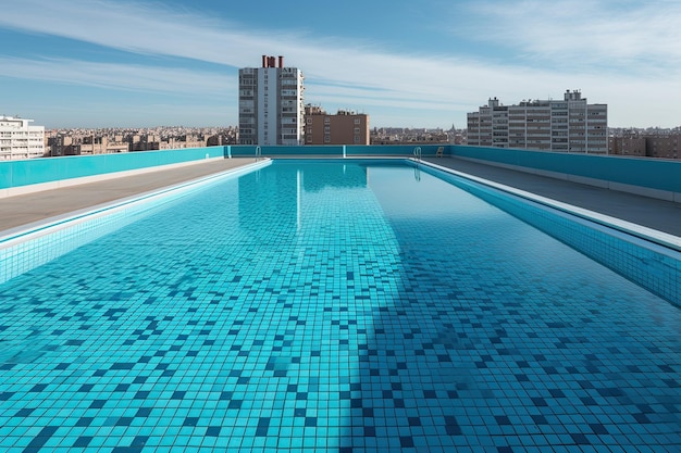 Piscina azul limpa e apetitosa pronta para mergulhar no entorno urbano Generative AI