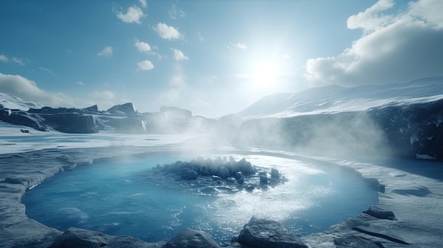 Una piscina azul con una montaña al fondo.