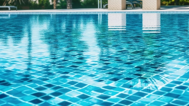 Una piscina azul con una palmera al fondo.