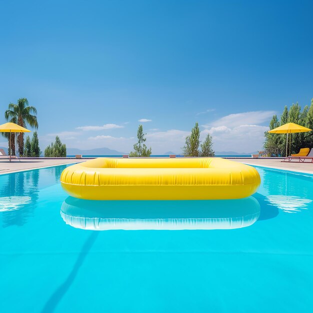 Una piscina azul rectangular vacía con sillas de sol y sombrillas y una gran piscina inflable amarilla flotante