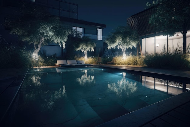Piscina azul retangular vazia com espreguiçadeiras Moderna piscina de luxo vista noturna Generative AI