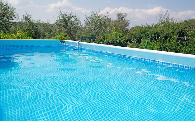 Piscina azul rodeada de vegetación