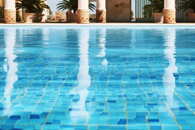 Una piscina con azulejos azules y un edificio al fondo.