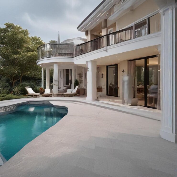 una piscina con balcón y un balcón con una piscina y una casa grande con un Balcón