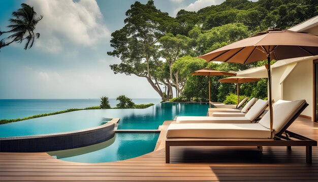 una piscina con un barco y una palmera