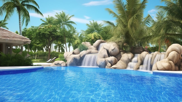 Piscina branca ladrilhada sob palmeiras de água azul brilhante e um jardim de primavera Generative AI