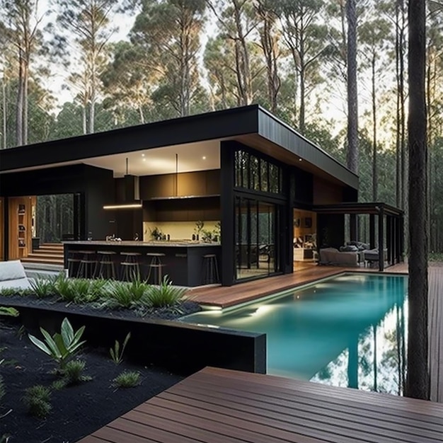 Piscina y casa al aire libre modernas