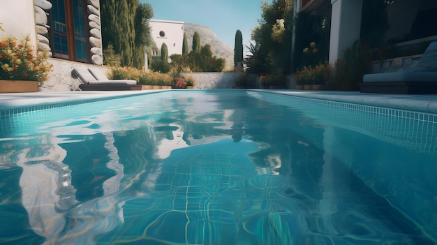 Una piscina con una casa al fondo.