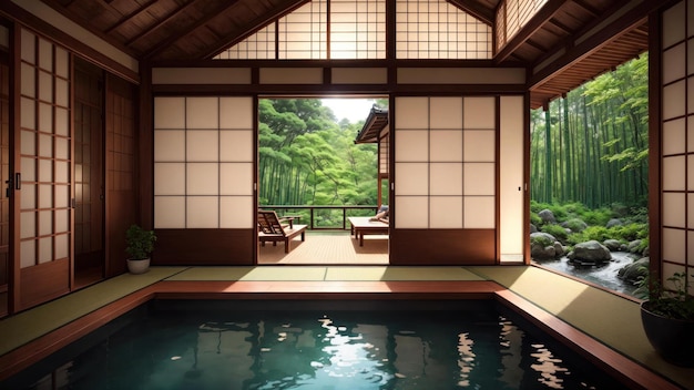 Una piscina en una casa japonesa con un bosque de bambú al fondo.