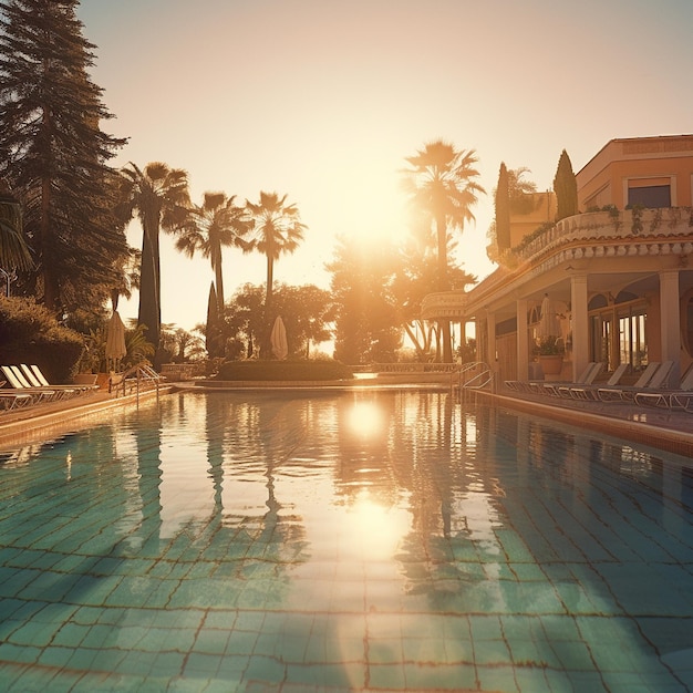 una piscina con una casa y palmeras al fondo.