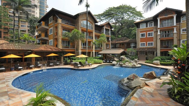 Foto piscina cênica em resort ou hotel oferecendo amplo espaço de cópia para imagens cativantes