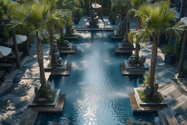 Foto piscina cercada por palmeiras