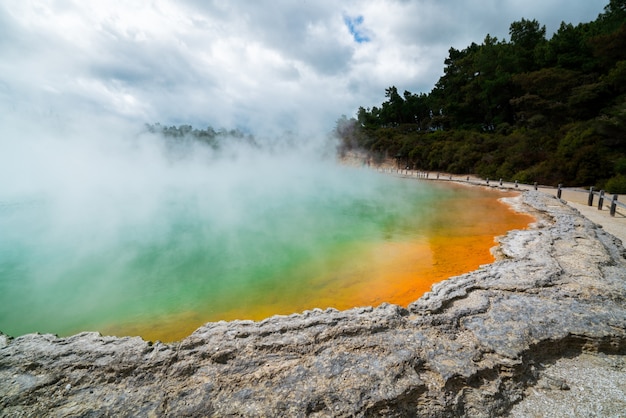 Piscina de champán en Rotorua, Nueva Zelanda al amanecer