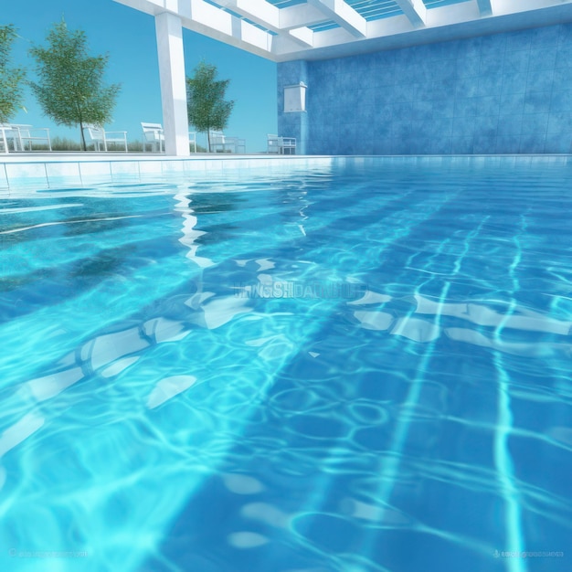 Piscina con cielo azul y árboles. representación 3d