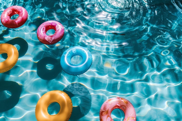 una piscina de cobalto con flotadores dispuestos como puntos de polca creando una escena de diversión de verano