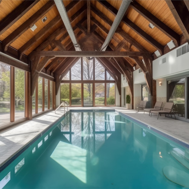 Piscina coberta numa casa de luxo, quarto totalmente vidrado com estrutura de madeira, teto de madeira com vigas