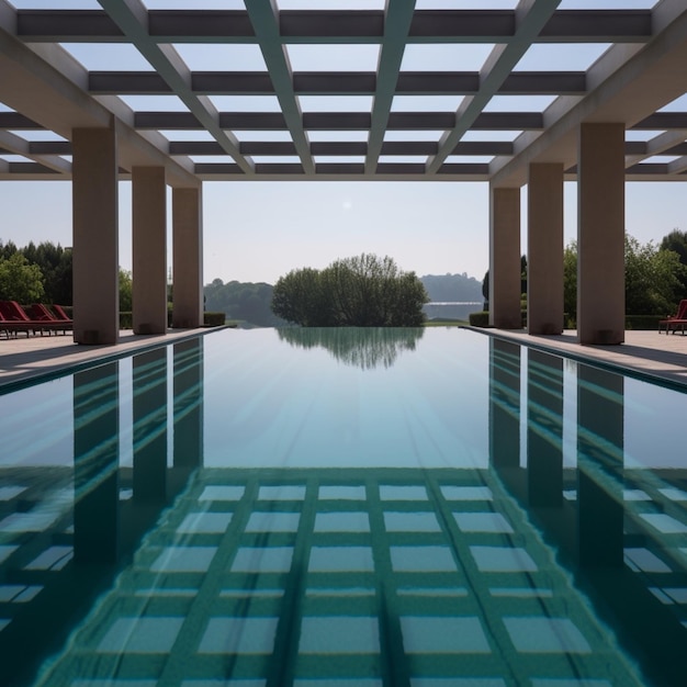Una piscina con columnas y un fondo de cielo.