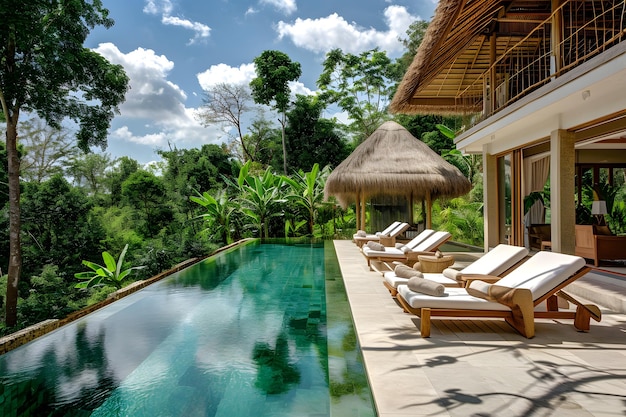 Piscina com guarda-chuvas e cadeiras de sol em jardim tropical