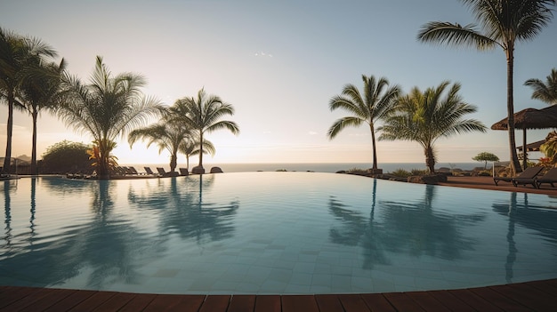 piscina com palmeiras e vista para o mar