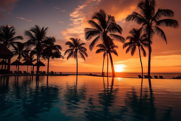 Piscina com palmeiras em resort tropical em luz solar generativa ai