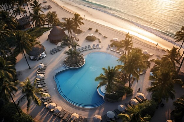 Piscina com palmeiras em resort tropical luz do pôr-do-sol visão aérea generativa ai