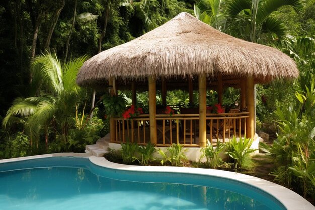 Foto piscina com um gazebo de bambu