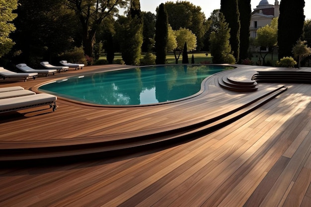 Piscina com um terraço de madeira