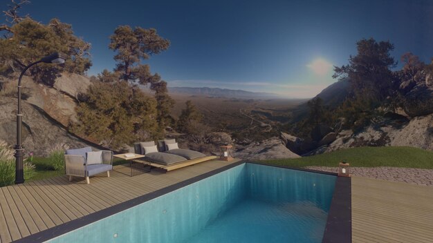 Piscina com verão e bela ilustração 3d de fundo