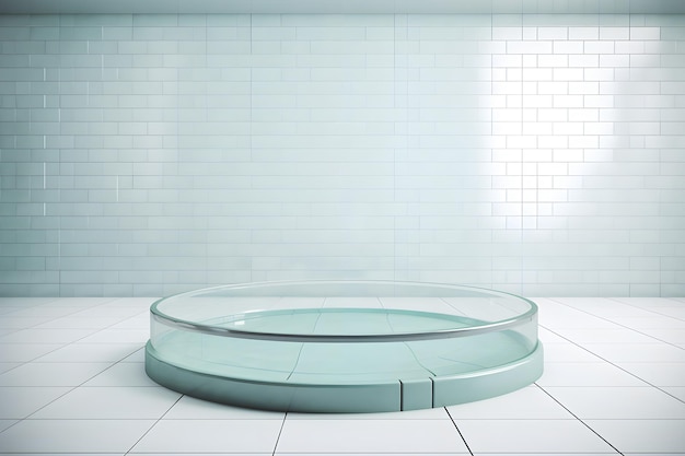 Una piscina de cristal circular redonda en un cuarto azul blanco