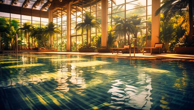 Una piscina cubierta con palmeras