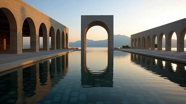 Piscina de água icônica com arcos e fundo de montanha