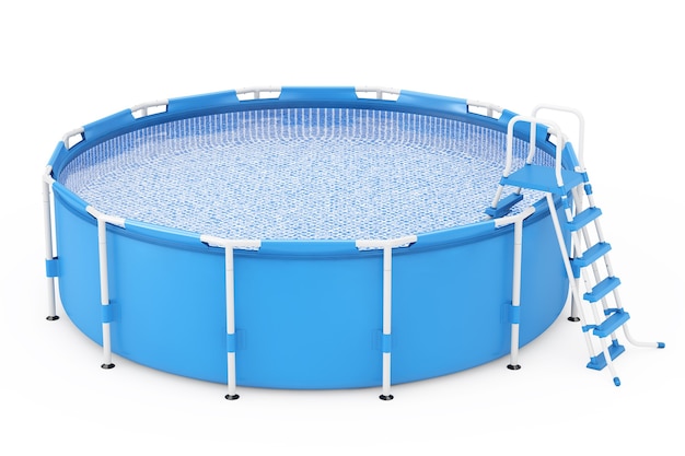 Piscina de água redonda portátil ao ar livre azul com escada em um fundo branco. Renderização 3D.