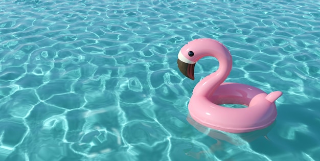 Piscina de flamingo inflável rosa plana em uma piscina d render