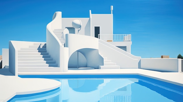 Piscina de hotel no dia ensolarado com água azul e edifícios brancos Arquitetura de resort com piscina