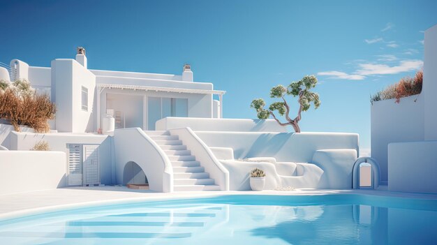 Piscina de hotel no dia ensolarado com água azul e edifícios brancos Arquitetura de resort com piscina