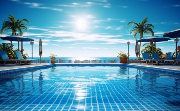 Piscina de luxo azul grande água casa de verão palmeira relaxamento natação IA generativa